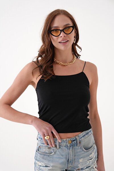 FAVELA Kadın Çift Katlı Iç Göstermeyen Kumaş Ip Askılı Atlet Siyah