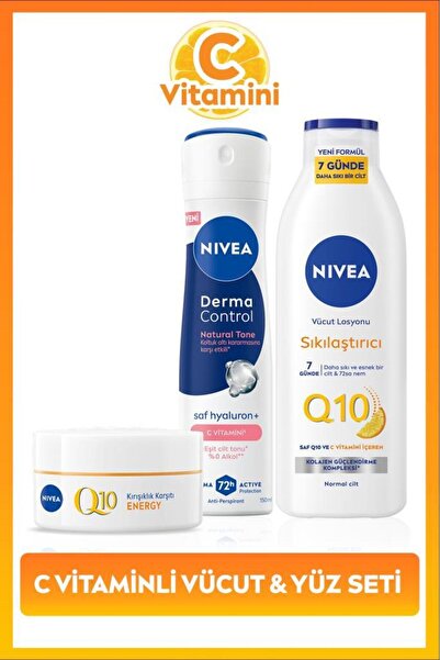 NIVEA Kadın Sprey Deodorant Derma Control Natural Tone 150ml,Q10 Sıkılaştırıcı Losyon400ml ve Gündüz Kremi