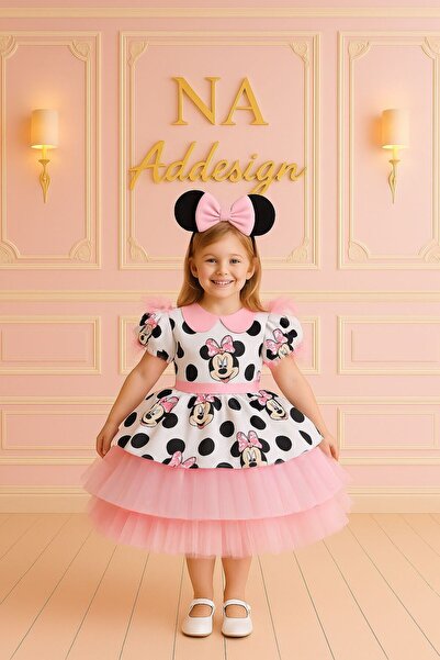NA ADDESIGN Kız Çocuk Miki Mickey Mouse Pembe Tüllü Kabarık Elbise