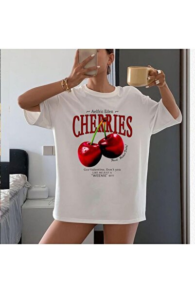 KOZİA OUTDOORS Cherries Baskılı Oversize Basic Bisiklet Yaka Tişört