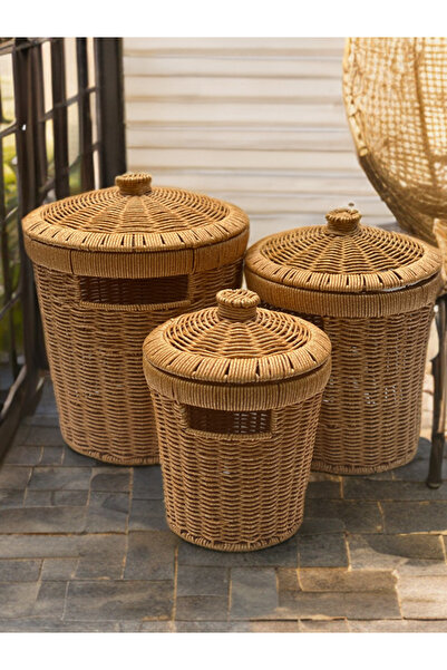 PERLAEVKAHVE Комплект от 3 кошници с капак за картофи и лук | Многофункционална кошница за кухня от ратан
