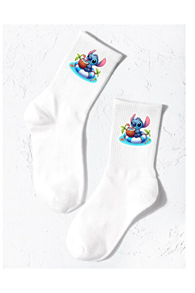 Tubinyoo White Color Printed Stitch Patterned Children's School Socks