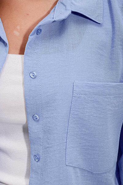 Bigdart Single Pocket Oversize Linen Blue Women's Shirt 20153