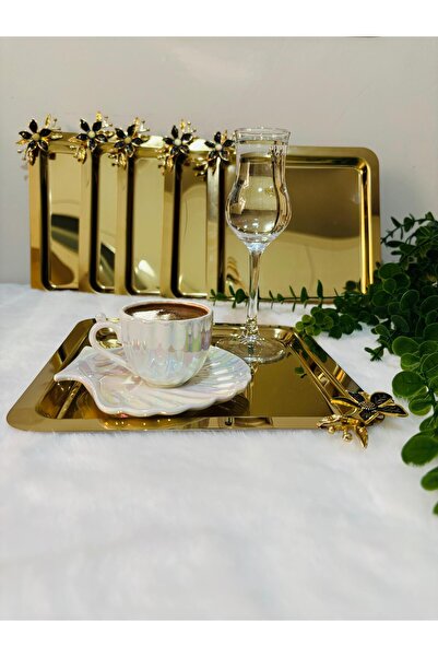 BİMOTE 6'lı Paslanmaz Çelik papatya lı Kare Gold Dekoratif Sunum Tepsi