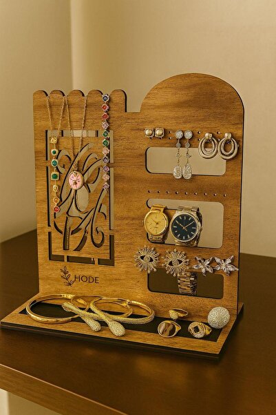Hode MDF Ahşap Takı Standı – Masaüstü Kolye, Küpe, Saat, Bileklik ve Yüzük Dü...