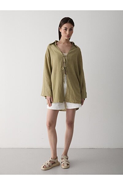 Laluvia Khaki 100% bavlněná lněná halenka kimono s krajkovým detailem