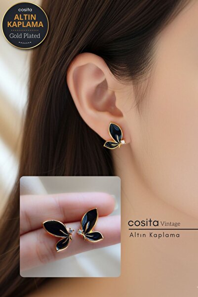 COSİTA Small Zircon Stone Butterfly Black Fairy Women's Earrings