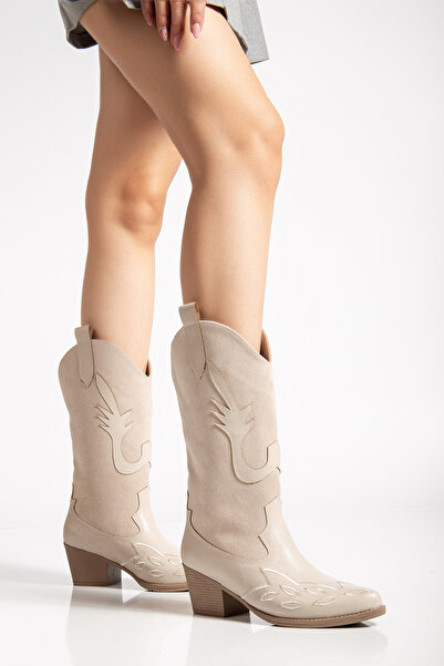Ms Sugar Μπεζ Western Cowboy Boots - Δερμάτινο σουέτ με κέντημα και σχέδιο