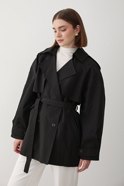 JASTE Kadın Siyah Kruvaze Yaka Astarlı Trençkot