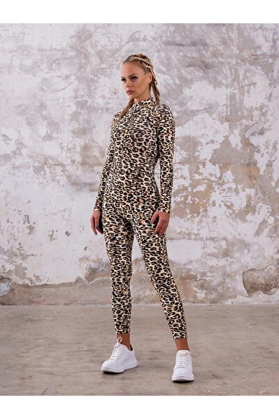 LizzSpor Kadın Leopar Desenli Uzun Kollu Tullum