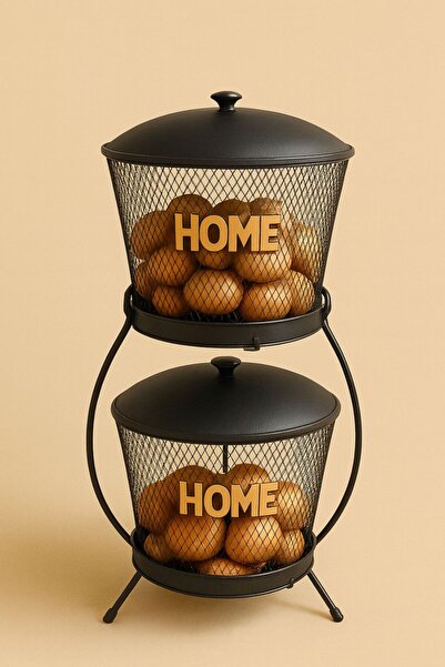 VENON Home Organizer Inci 2 Katlı Metal Sebzelik Patates Soğan Sepeti Siyah G...