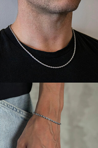 Takı Dükkanı Burgu Halat Erkek Çelik Zincir Kolye ve Bileklik Set b028