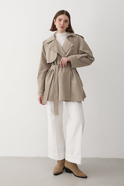 JASTE Kadın Haki Kruvaze Yaka Astarlı Trençkot