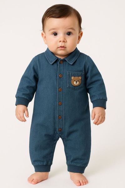 MixMax Bebe Baby Boy Bear Embroidered Soft Textured Premium Denim Jumpsuit