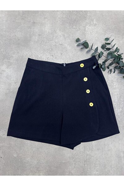 Maldia Shop Women's Zippered Button Detail Navy Blue Shorts