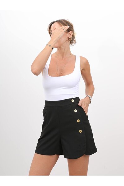 Maldia Shop Women's Zippered Button Detail Black Shorts
