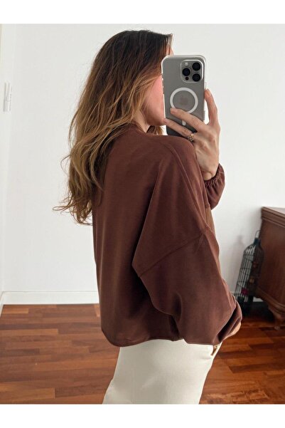 Maldia Shop Γυναικείο φούτερ με αλεξίπτωτο από ύφασμα Modal με λεπτομέρεια καφέ