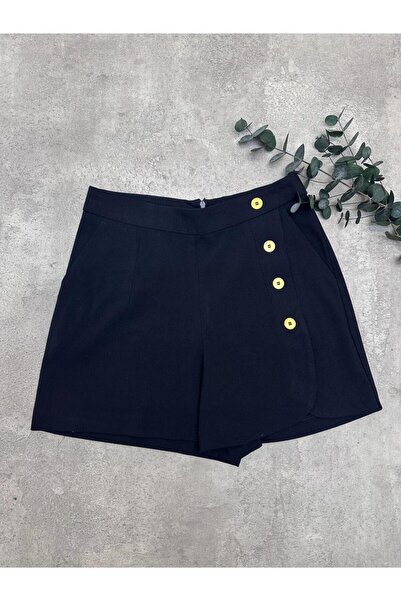 Maldia Shop Women's Zippered Button Detail Navy Blue Shorts