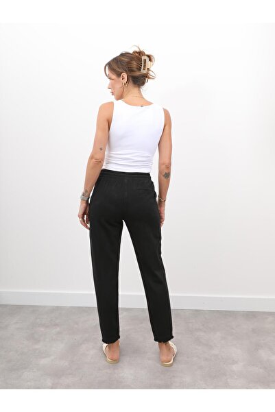 Maldia Shop Women's Elastic Waist, Tassel Detail, Piece Dye Gabardine Black Trousers