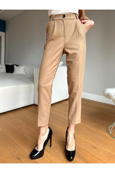 Maldia Shop Women's Elastic Waist Pocket Cream Carrot Cotton Trousers