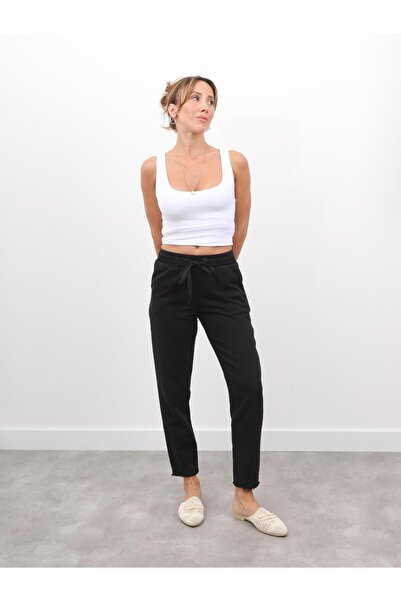 Maldia Shop Women's Elastic Waist, Tassel Detail, Piece Dye Gabardine Black Trousers