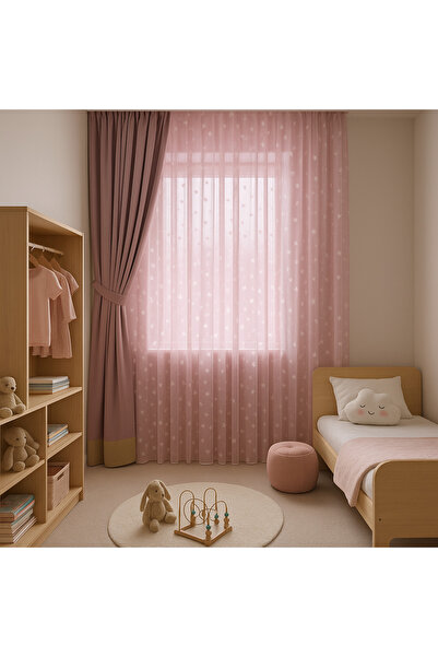 Buem Pembe Yıldızlı Kız Çocuk Odası 1 / 3 Sık Pileli Bebek Perdesi Tül, Perde, Blackout,