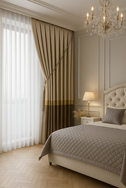 Emuz Pano Fon Perde, Premium Seri, Liva Desen Vizon Gold Krem 1 / 3 Sık Pilel...