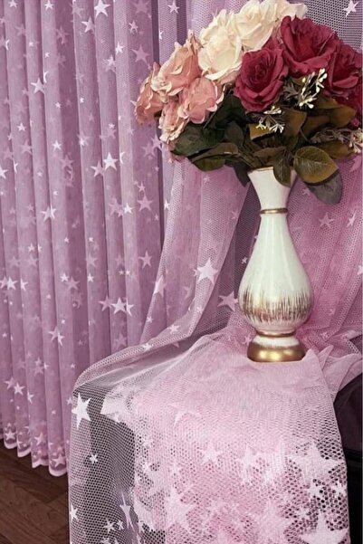 Buem Pembe Yıldızlı Kız Çocuk Odası 1 / 3 Sık Pileli Bebek Perdesi Tül, Perde, Blackout,