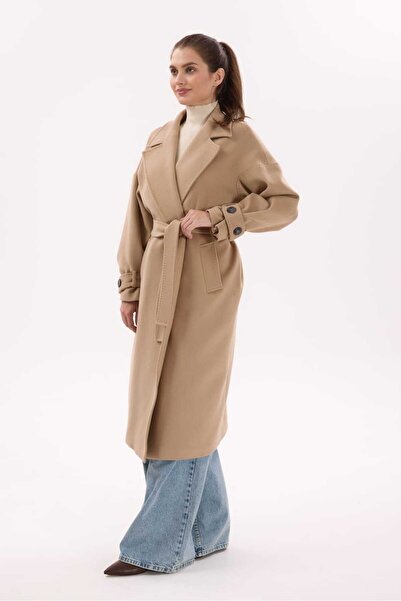 thebutiq Kadın Camel Kruvaze Yaka Uzun Kaşe Kaban Manto-Oversize Astarlı Rahat Ve Şık