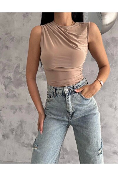 MetuCA Kadın Omuzdan Drapeli Vücuda Oturan Kolsuz Şık Likralı Sandy Kumaş Bas...