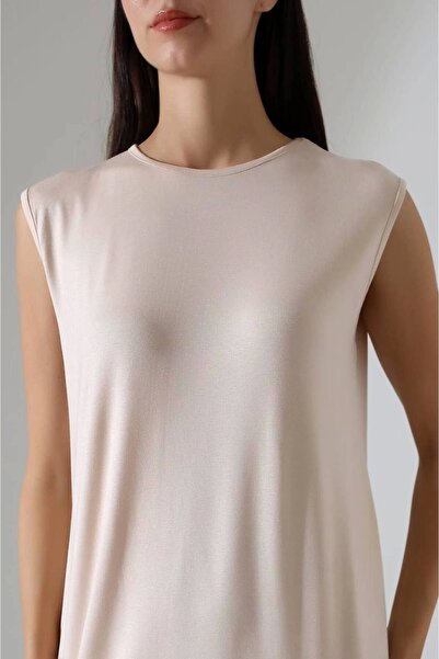 MetuCA Women's Cream Oversize Zero Sleeve Crew Neck Basic Daily Underwear Tunic Viscon Fabric