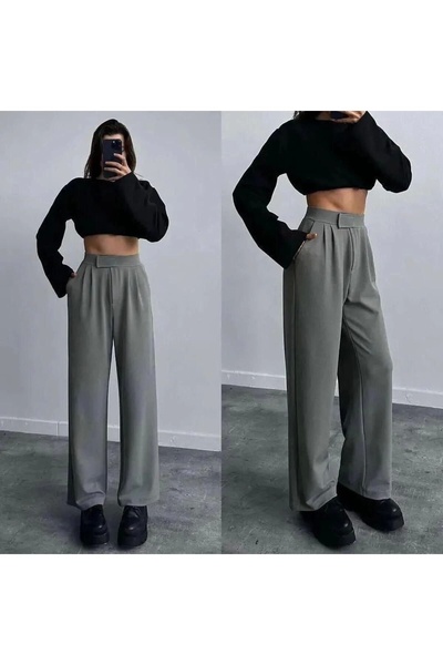 MetuCA Women's High Waist Pocketed Velcro Waist Spanish Wide Leg Comfortable Fit Fabric Palazzo Pants
