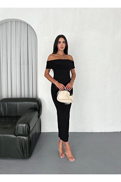 MetuCA Kadın Madonna Yaka Sandy Kumaş Uzun Elbise Trend ve Şık