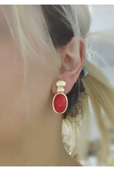 mos&more Kızılcık Şerbeti Gold Kırmızı Boncuklu Şık Klasik Küpe