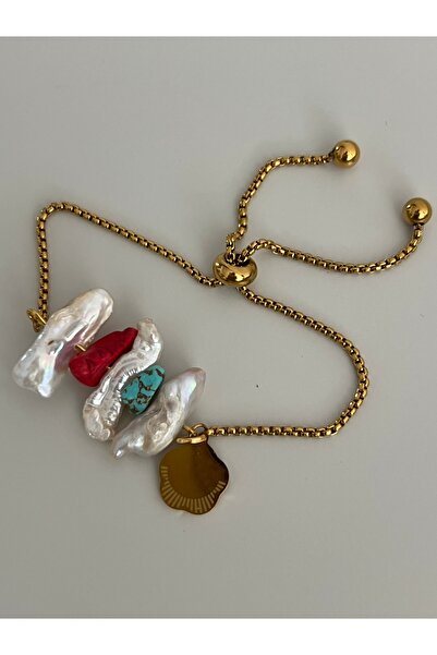 tones official سوار من اللؤلؤ الباروكي مع حجر المرمر الأحمر والزركون من الفولاذ