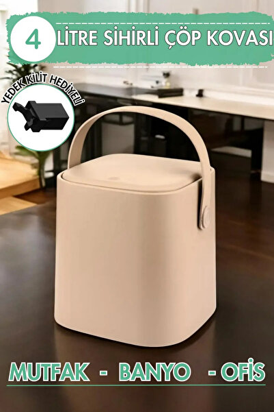 Olomo 4 Litre Sihirli Çöp Kovası Tutma Saplı İç Kovalı Tezgah Üstü Mutfak Banyo Ofis Çöp Kovası