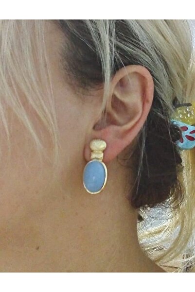 mos&more Kızılcık Şerbeti Gold Mavi Boncuklu Şık Klasik Küpe