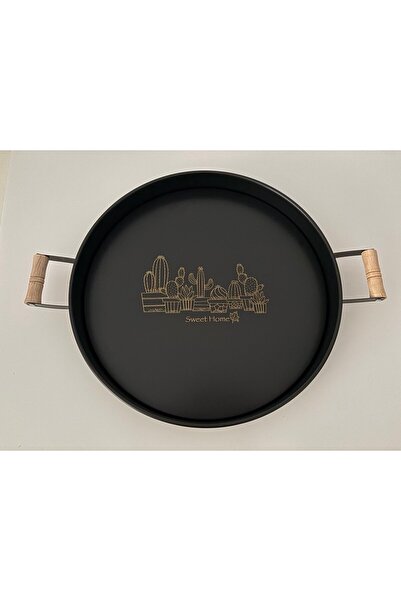 WARDY Siyah Ahşap Kulplu Metal Tepsi