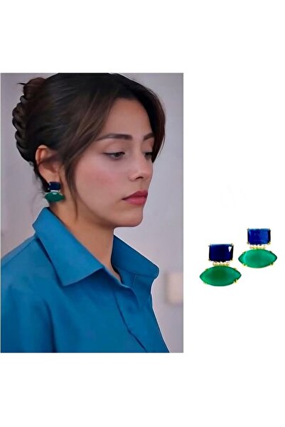 mos&more Kızılcık Şerbeti Mavi Yeşil İncili Şık Kadın Küpe