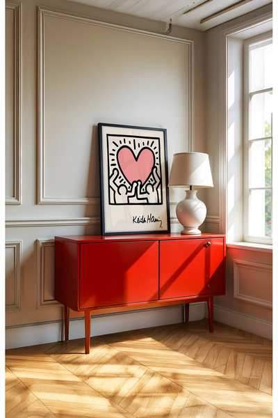 Push Studio Keith Haring - Heart - Doğal Ahşap Çerçeveli Tablo