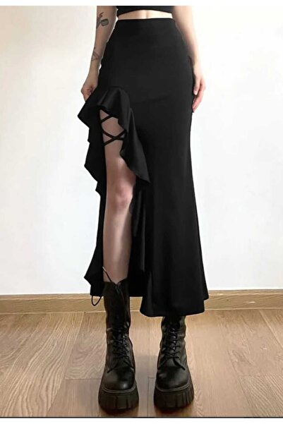 charango KADIN ETNİK VOLANLI TEK BACAK YIRTMAÇLI UZUN BALIK MODEL FIRFIRLI MAKSİ GOTİK TARZ ETEK
