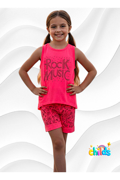 childs Летен комплект за момичета с къси панталонки в неоново розово с камъни...