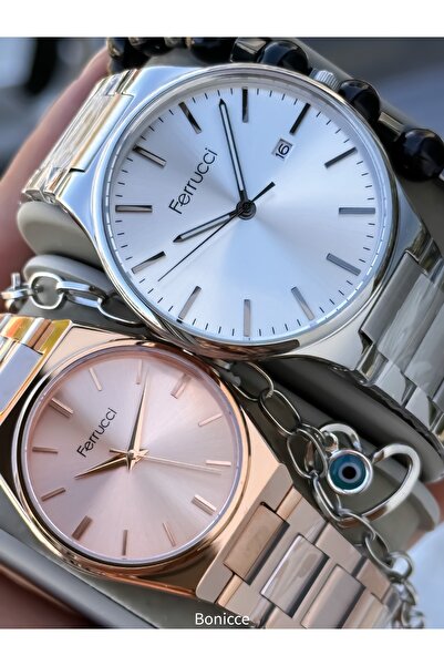 Ferrucci Marka Çelik Kordon Gümüş Sarı Renk Sevgili Kol Saati + Tesbih Bileklik Hediyeli