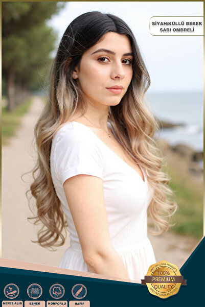 KONAK PERUK Yoğun Dalgalı Fiber Sentetik Uzun Perçemsiz Peruk - Siyah / Küllü Bebek Sarı Ombreli
