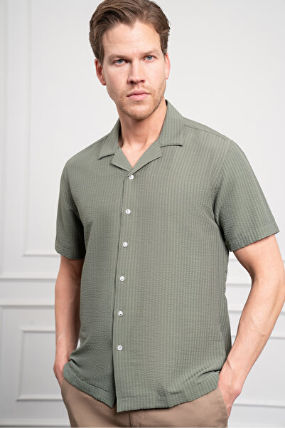 Morven Мъжка зелена риза с къс ръкав и отворена яка