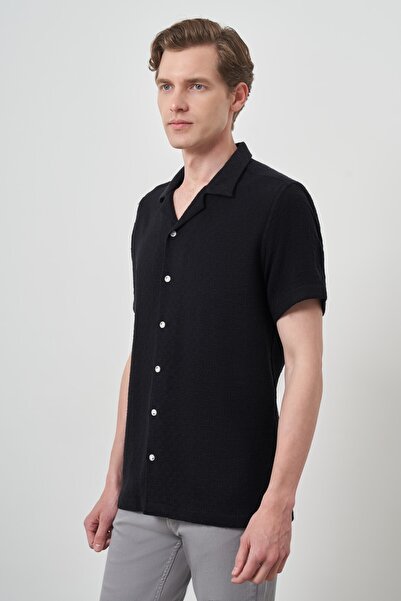 Morven Men's Black Trend Linen Regular Fit Apaş Collar Short Sleeve Shirt