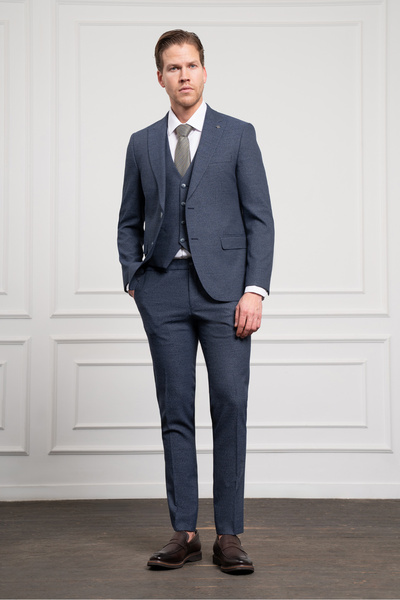 Morven Erkek Lacivert Poliviskon Trend Yelekli Desenli Slim Fit Sivri Yaka Takım Elbise