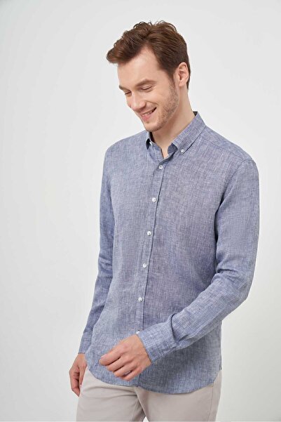 Morven Men's Navy Blue Linen Buttoned Collar Regular Fit Shirt