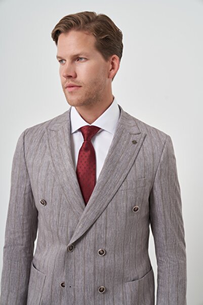 Morven Erkek Vizon Tend Keten Kruvaze Slim Fit Sivri Yaka Takım Elbise
