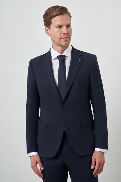 Morven Erkek Lacivert Poliviskon Çizgili Slim Fit Mono Yaka Takım Elbise